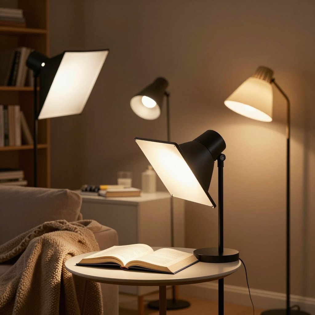 An interior scene showcasing various reading light positioning tips with a focus on directional shields and barn door attachments. In the foreground, a stylish modern floor lamp features adjustable barn doors directing focused light onto an open book, illustrating effective light control. The middle ground showcases different lamps with various attachments, providing contrasting angles and light intensity, set upon a sleek side table adorned with a cozy blanket and reading materials. The background includes a softly lit bookshelf and a warm-toned wall, enhancing a comfortable reading nook atmosphere. Soft ambient lighting creates a calming mood, and the scene is captured with a slightly elevated angle to emphasize versatility in lighting designs.