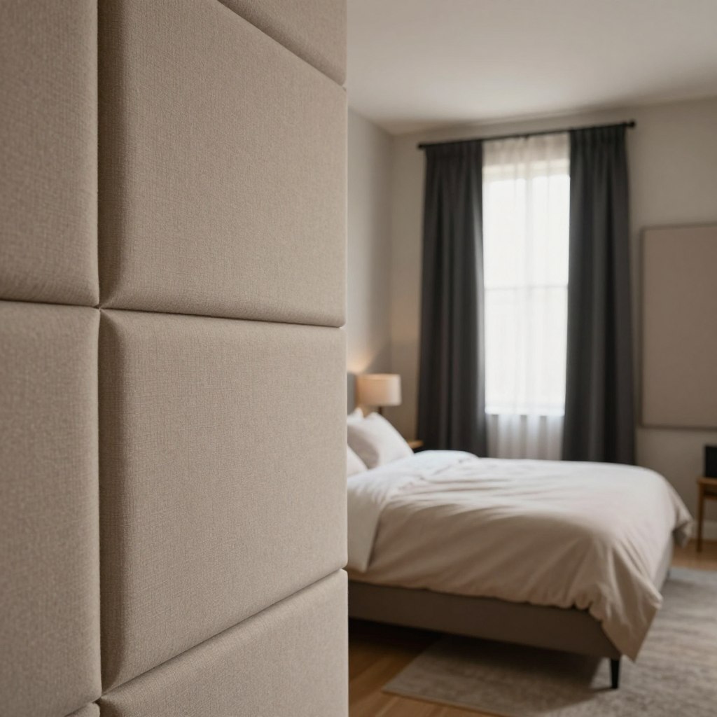 An interior view of a modern bedroom showcasing soundproof walls. In the foreground, a close-up of thick acoustic panels, textured with fabric, mounted on the plush, neutral-colored walls, designed to absorb sound. The middle ground reveals a cozy bed with soft bedding, strategically placed to highlight the tranquility of the space. In the background, a window with heavy blackout curtains softly diffusing natural light, creating a serene ambiance. Use warm, soft lighting to enhance the calming atmosphere. The room should convey a sense of peacefulness and relaxation, emphasizing the effectiveness of soundproofing materials in promoting restful sleep. The angle should be wide to capture the entire room, focused yet tranquil, inviting the viewer into this peaceful retreat.