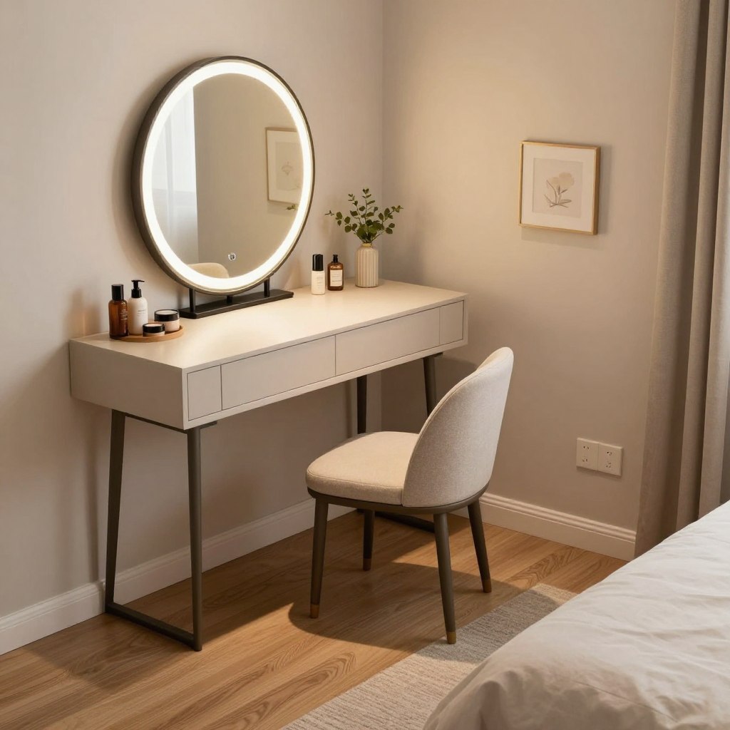 An inviting and well-organized empty master bedroom corner designed as a dressing area. In the foreground, a stylish, minimalist vanity table with a large round mirror reflecting soft, warm lighting. Medium wooden flooring adds warmth to the scene. In the middle, a comfortable upholstered chair sits next to the vanity, and neatly arranged beauty products and accessories are placed on the table. Background features softly painted light-colored walls with a few elegant decorations like a small plant and a framed artwork. The atmosphere feels calm and serene, promoting a sense of relaxation. The lighting is soft, emanating from an unseen source, creating gentle shadows and highlighting the organized space to enhance functionality. The angle captures the scene from a slightly elevated perspective.