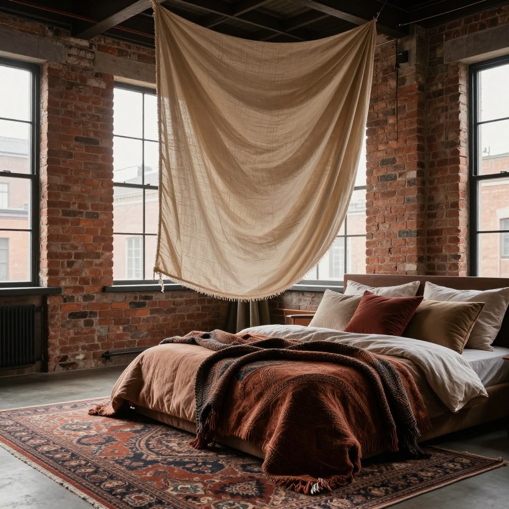 An inviting industrial bedroom with exposed brick walls, featuring a harmonious blend of layered textiles to soften the rawness of the environment. In the foreground, a plush bed adorned with a variety of throw pillows and a rich woven blanket in deep hues. The middle ground showcases a softly draped, textured fabric hanging from the ceiling, adding verticality and depth. An elegant area rug with intricate patterns lies below, contrasting with the ruggedness of the brick. In the background, large windows let in warm, natural light, enhancing the cozy atmosphere. The overall mood is serene and sophisticated, combining industrial elements with luxurious, tactile textiles, creating a perfect balance between warmth and modernity. The angle is slightly tilted to capture the interplay of textures and light beautifully.