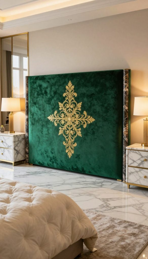 An opulent bedroom scene featuring luxurious furniture, focusing on a bold statement velvet headboard in rich emerald green, decorated with intricate gold embroidery. The headboard is accented by elegant marble elements that evoke sophistication. In the foreground, a plush, tufted bedspread in soft cream contrasts with the headboard. On either side, stylish marble nightstands host designer lamps with warm, inviting light. The middle ground showcases a sleek marble floor with a contemporary area rug, adding texture. In the background, soft ambient lighting illuminates a subtle reveal of gold-framed mirrors and decorative art pieces. The overall mood is one of modern luxury and comfort, captured from a slight angle to emphasize depth and richness in colors.