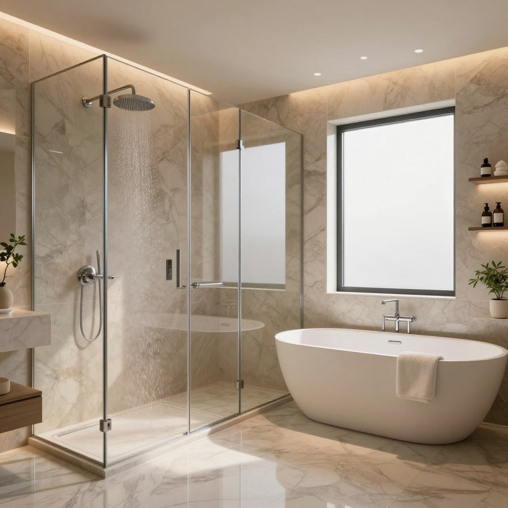 An upscale bathroom featuring a luxurious walk-in rain shower sanctuary. In the foreground, sleek, polished marble flooring reflects soft, warm lighting. The middle ground showcases an expansive glass-enclosed shower with a shimmering rain showerhead, surrounded by elegant, natural stone tiles. A freestanding soaking tub with smooth contours sits adjacent to the shower, adorned with minimalist decor, including plush towels and a small potted plant. Ambient lighting installed in the ceiling creates a serene atmosphere, while frosted windows allow soft daylight to filter in, enhancing the calm mood. The background features minimalist shelving with neatly arranged spa essentials, promoting an overall sense of tranquility and luxury. The composition is captured from a slightly elevated angle to provide a comprehensive view of this elegant sanctuary.