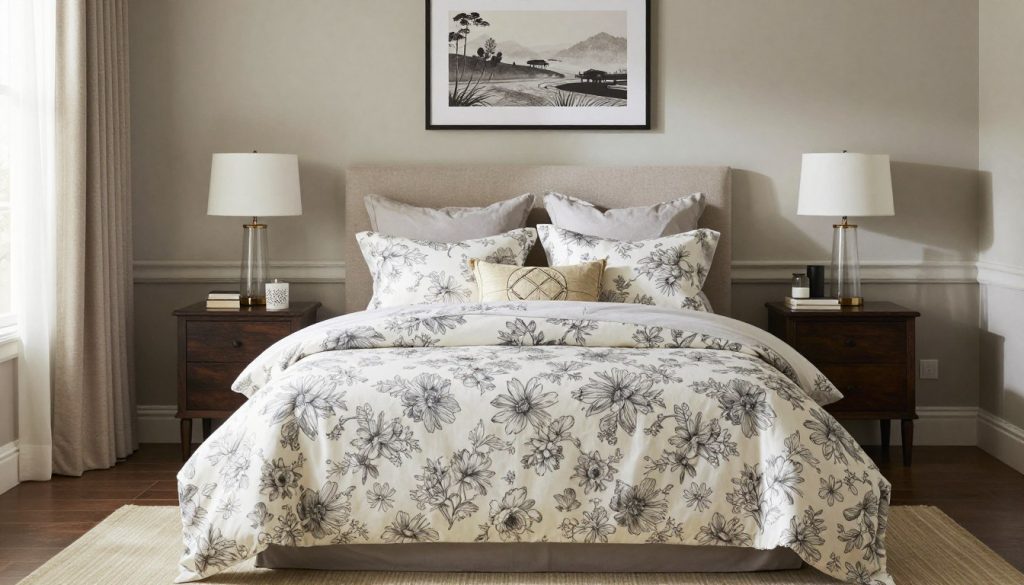 Beautiful bedroom showing final bedding choice creating perfect atmosphere