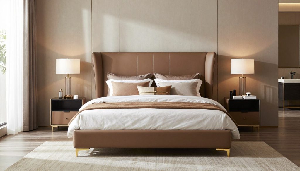 Beautiful master bedroom showcasing premium leather headboard