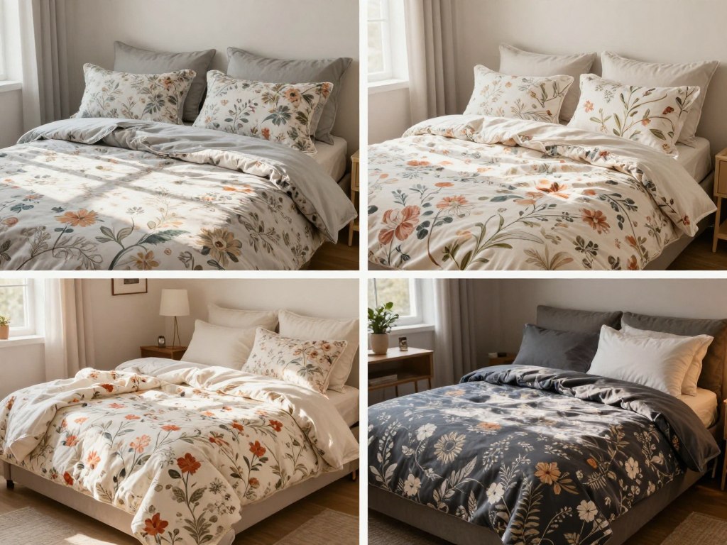 Bedroom showing different lighting conditions affecting bedding appearance