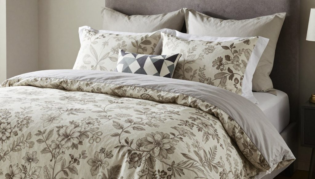 Bedroom showing successful pattern mixing with floral and modern elements