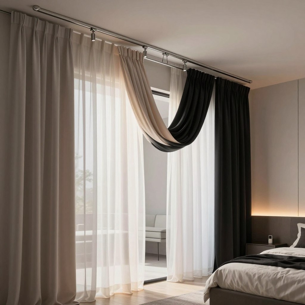 Ceiling-mounted track systems featuring elegantly designed light-filtering curtains in soft, sheer fabrics paired with rich blackout materials. The foreground showcases intricate track mechanisms, glistening metallic finishes alongside cascading drapes in soft pastels and deep blacks, flowing seamlessly from the ceiling. The middle ground reveals a stylish, modern bedroom setting with minimalistic decor, highlighting the curtains gracefully drawn to the side, softly diffusing natural light that filters through the sheer layers. In the background, a cozy, inviting atmosphere is created with plush bedding and ambient lighting, enhancing the romantic allure of the space. Soft shadows dance across the walls, evoking a serene and intimate mood, captured from a wide-angle perspective to emphasize the elegance and functionality of the track systems.