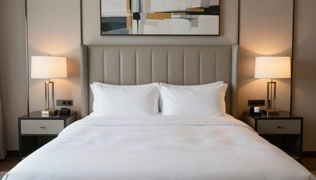 Channel-quilted headboard in hotel-inspired bedroom