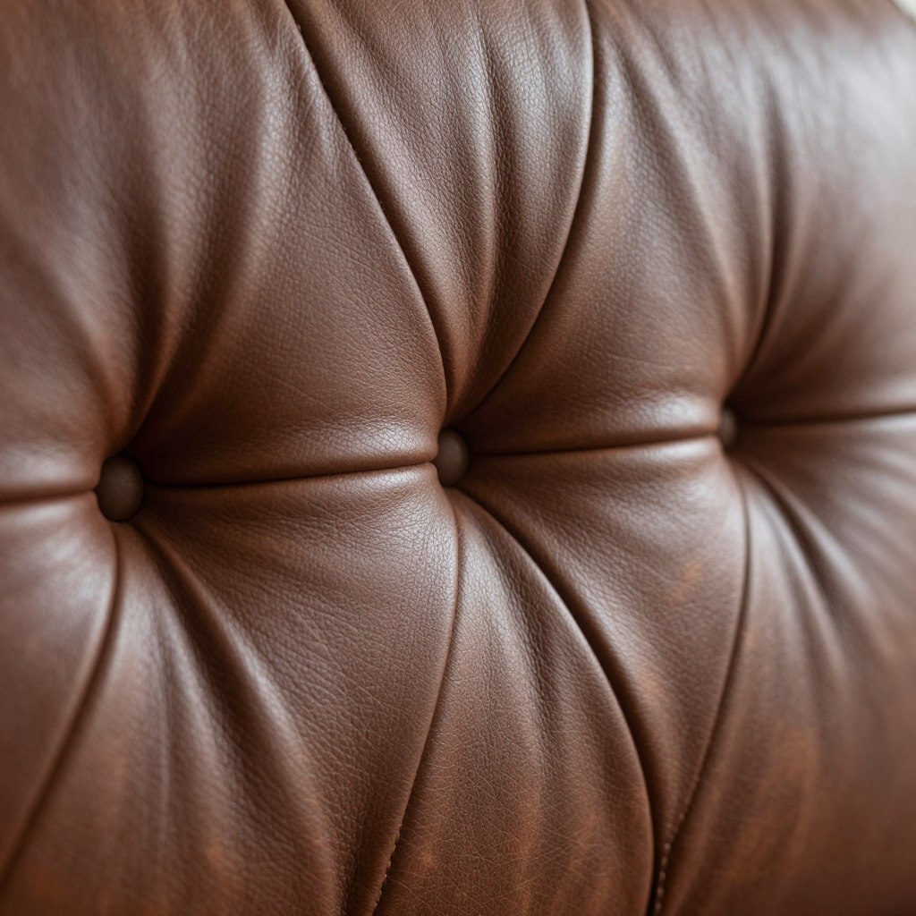 Chesterfield headboard button detail showing leather texture