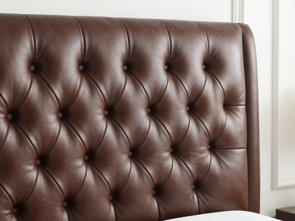 Close-up of button-tufted leather headboard in traditional Chesterfield style