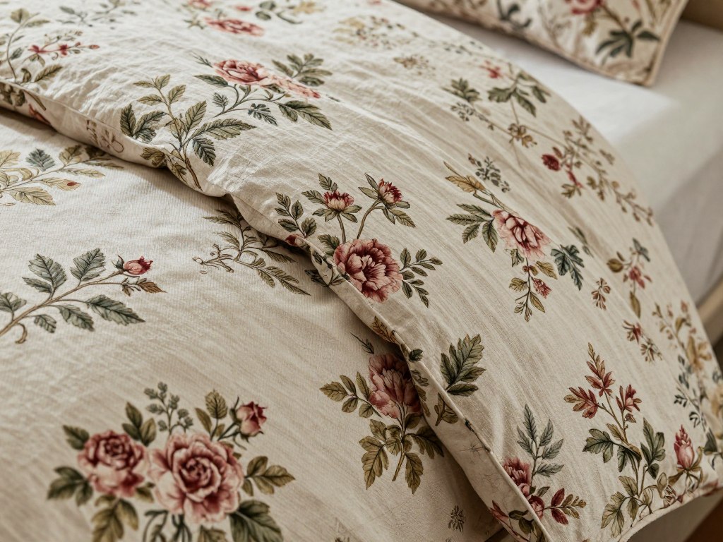 Close-up of floral bedding texture showing intricate floral prints detail