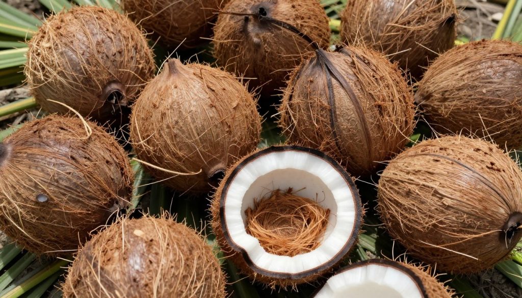 Coconut husks showing the source of coir fiber material