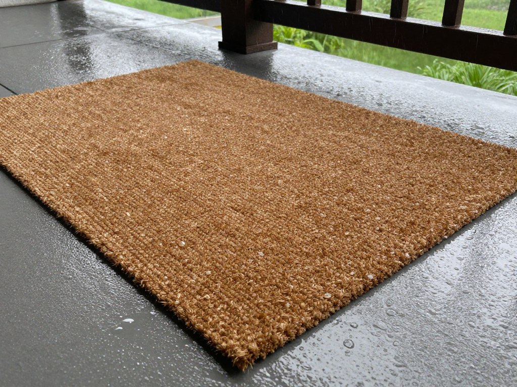 Coir doormat in rainy outdoor conditions showing water resistance