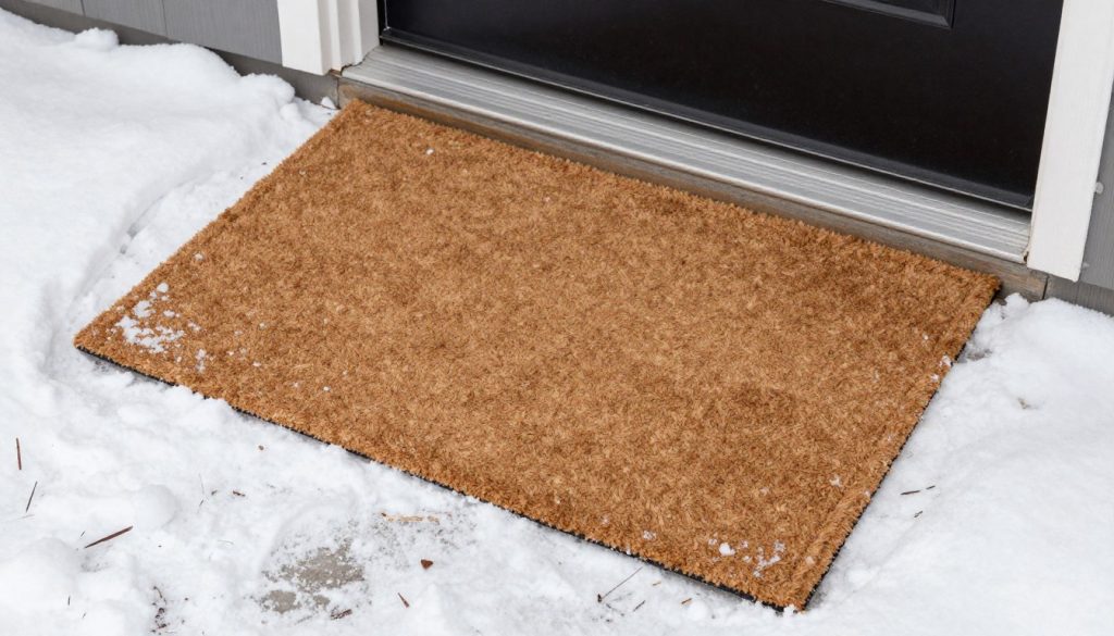 Coir doormat in winter snow conditions showing cold weather durability
