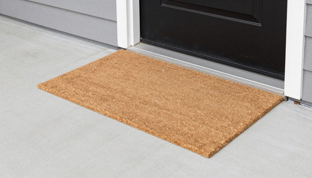 Coir doormat properly installed on concrete entryway
