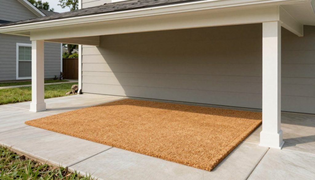 Coir doormat under covered porch showing protected placement
