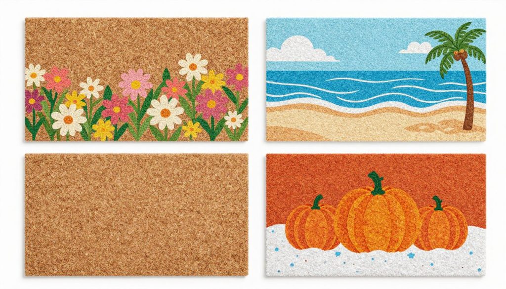 Collection of seasonal coir doormats showing variety