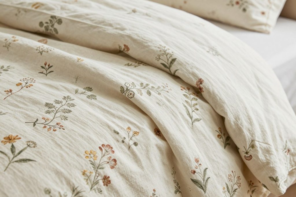 Cotton fabric texture of vintage floral duvet cover showing quality