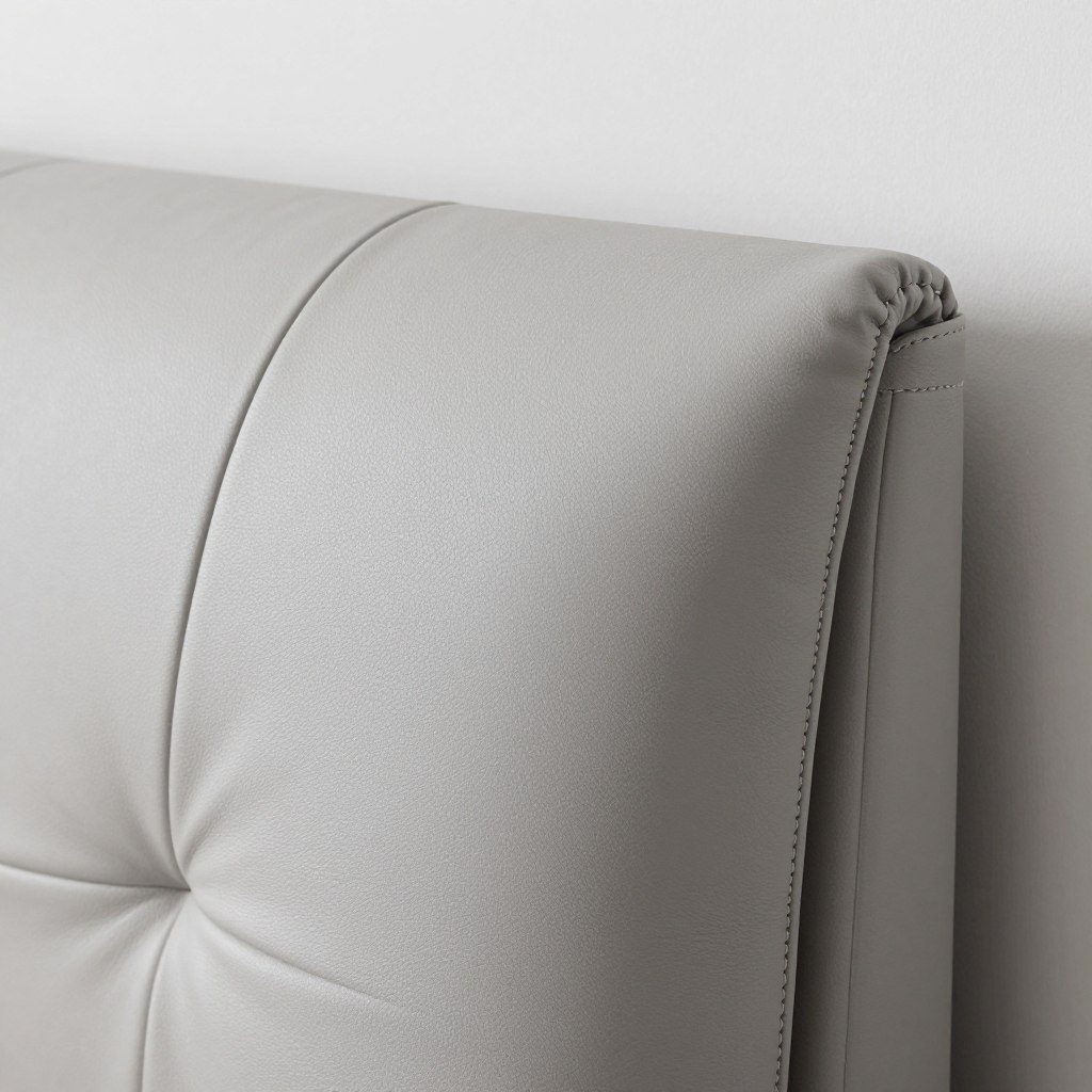 Detail of curved headboard edge and leather upholstery