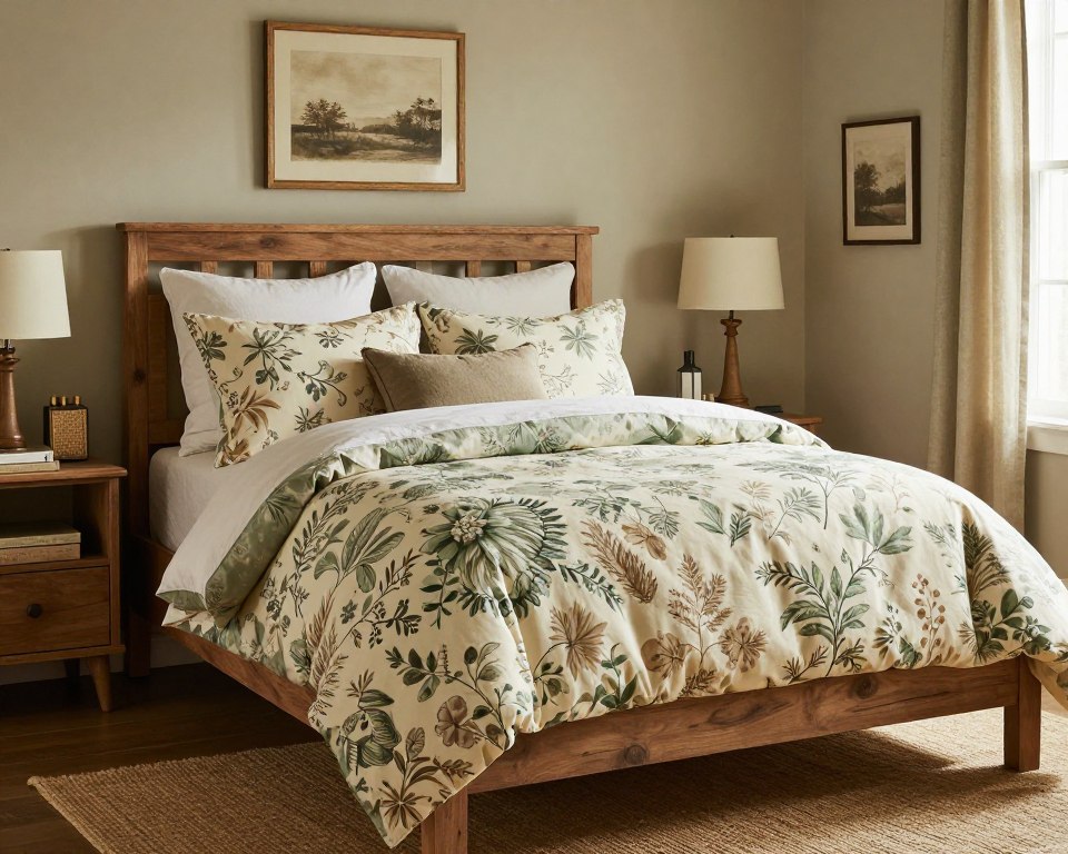 Farmhouse floral bedding with botanical prints