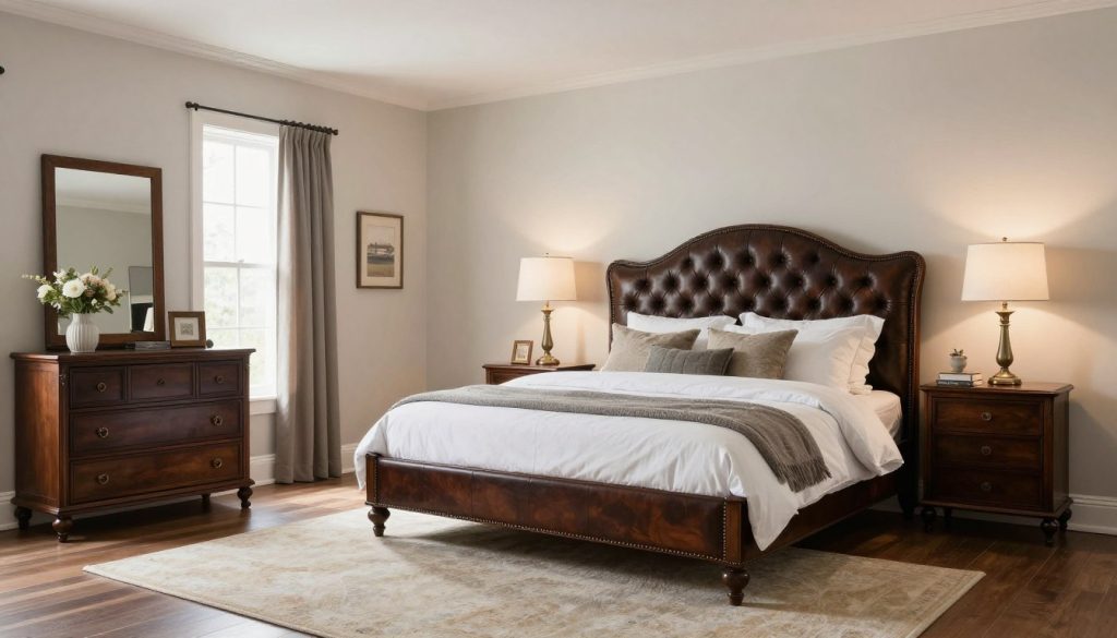 Full bedroom view with Chesterfield leather headboard as focal point