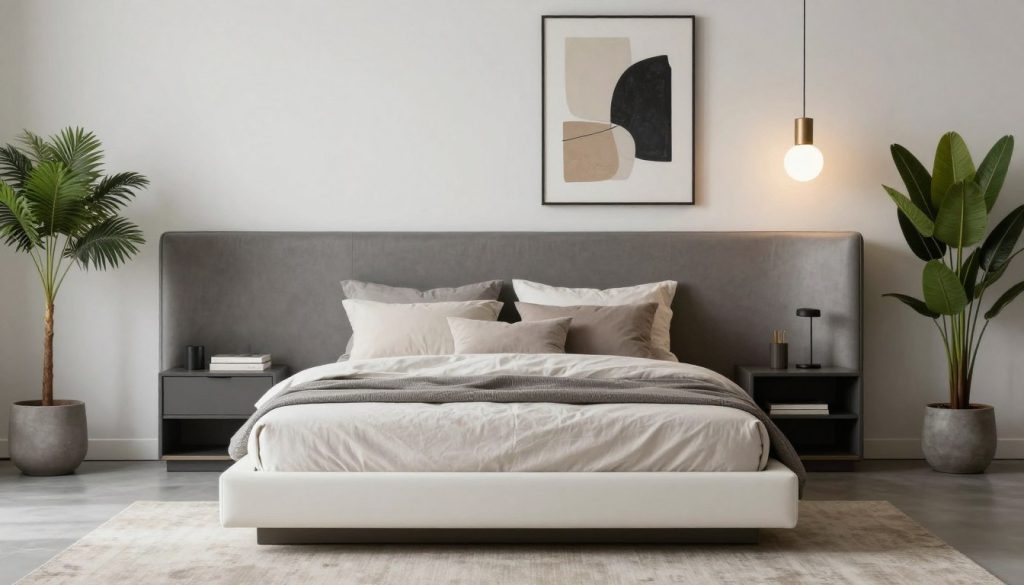 Full bedroom with curved headboard and contemporary decor