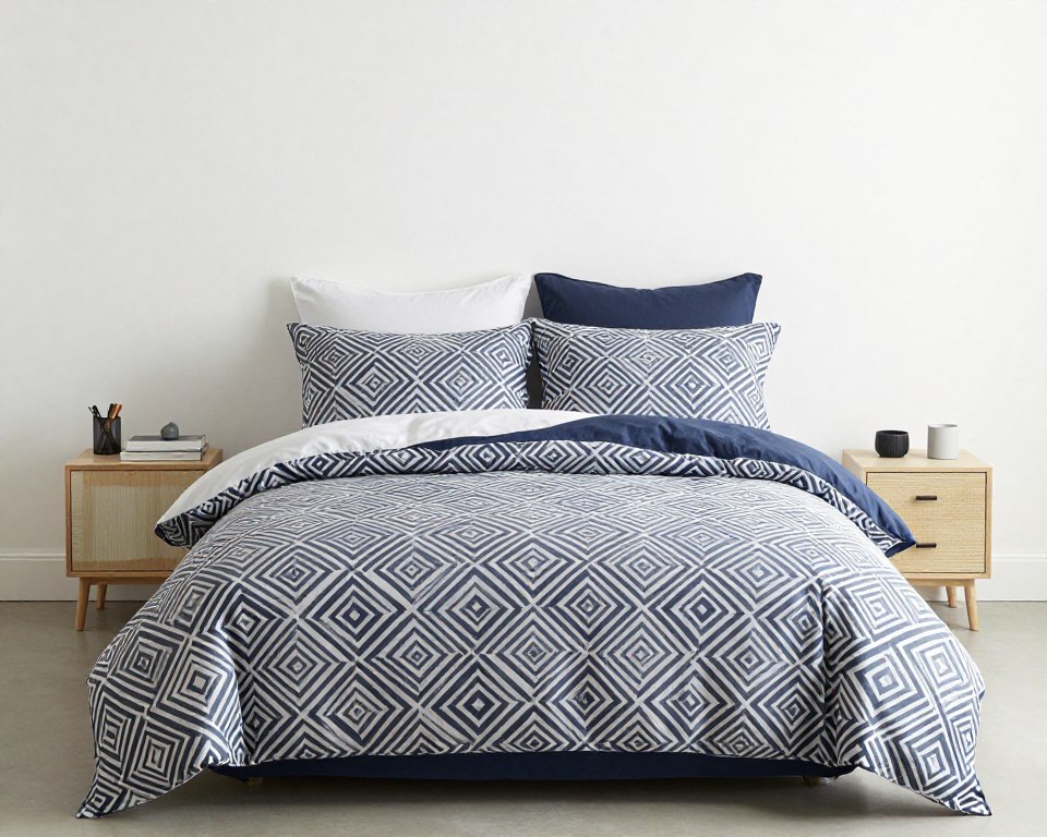 Geometric modern bedding set in navy and white