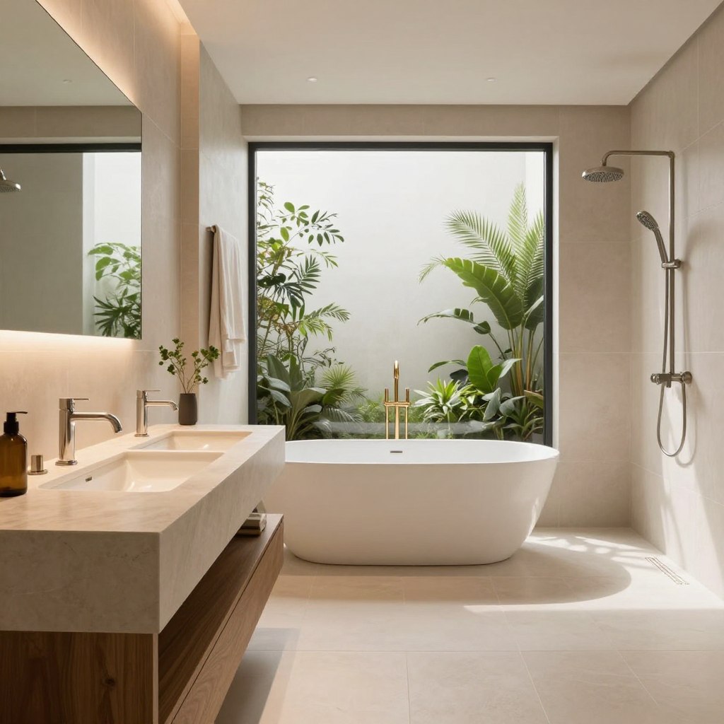 High-end bathroom fixtures displayed in a modern luxury bathroom, featuring sleek faucets, elegant sink designs, and minimalist showerheads. Foreground shows a beautifully crafted vanity with a warm wood finish, offering soft lighting that casts a gentle glow. In the middle, a freestanding soaking tub with a gold floor-mounted faucet commands attention, surrounded by lush greenery. The background showcases large windows allowing natural light to flood the space, emphasizing the warm neutral color palette of soft taupes, creams, and light beige tiles. The atmosphere exudes tranquil sophistication, with smooth lines and a sense of understated elegance. The image is captured with a wide-angle lens to encompass the entire room, highlighting the exquisite details and serene ambiance.