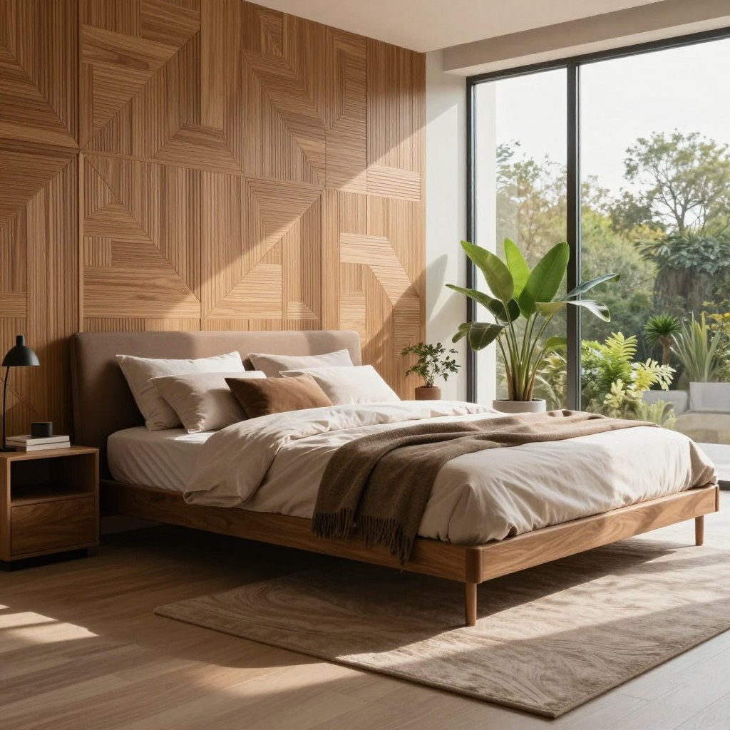 Lush, contemporary small bedroom showcasing innovative wood panel ideas. In the foreground, highlight a textured 3D wood panel wall featuring intricate geometric patterns, finished in warm oak tones. The middle section displays a sleek modern bed with elegant bedding, harmonizing with the wood accents. Behind, soft natural light filters through large, minimalist windows, casting gentle shadows and adding depth to the decor. Use a wide-angle perspective to emphasize the cozy yet luxurious atmosphere. The overall mood is serene and inviting, ideal for relaxation. Incorporate elements of greenery, such as potted plants, to enhance the freshness of the space, while ensuring a seamless blend of nature and sophistication in the design.