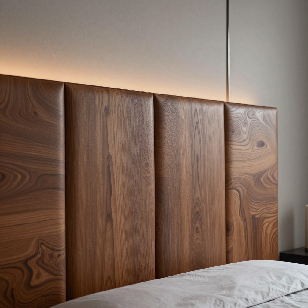Luxurious textured wall panels designed as a striking headboard in a contemporary bedroom. The foreground showcases intricately designed 3D wood patterns, featuring rich oak and walnut tones, creating depth and elegance. The middle ground reveals soft ambient lighting casting gentle shadows on the panels, enhancing the textures and highlighting their luxurious finish. In the background, a subtle, blurred view of a minimalist bedroom decor complements the panels, with muted colors that allow the panels to be the focal point. The overall atmosphere is serene and sophisticated, evoking a sense of comfort and opulence. The image should be captured from a slightly elevated angle to emphasize the texture and detail of the wall panels without any human presence.