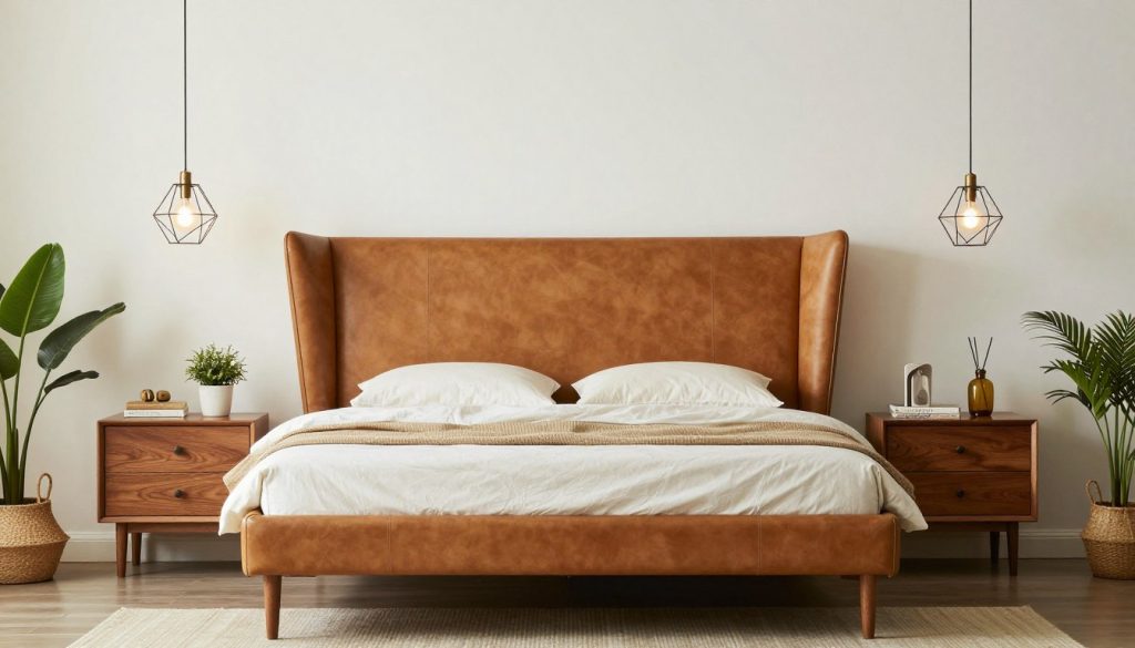 Mid-century modern bedroom with leather wingback headboard