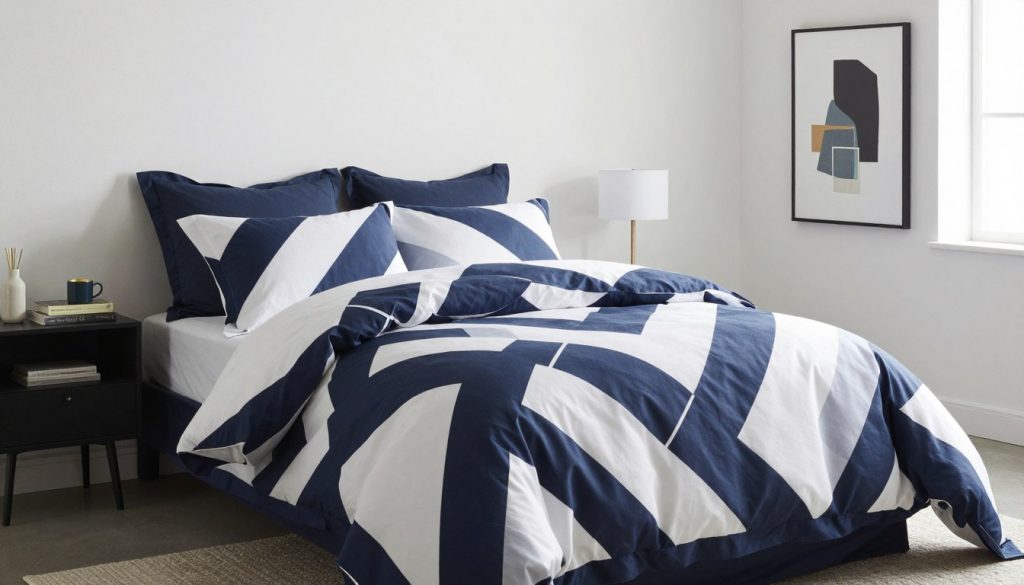 Modern geometric print bedding in contemporary bedroom setting