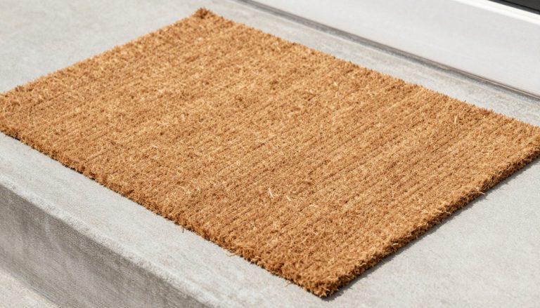 Natural coir doormat placed at outdoor entryway showing textured surface