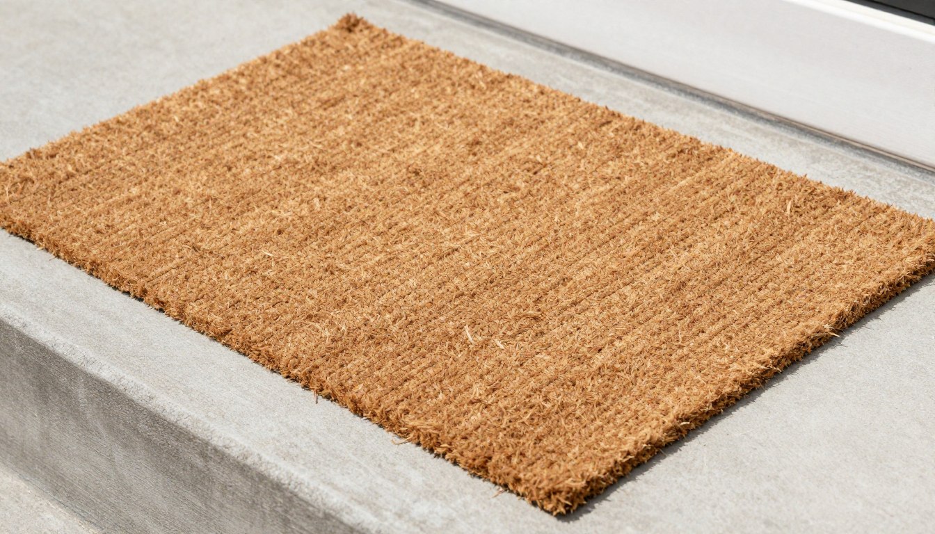 Natural coir doormat placed at outdoor entryway showing textured surface