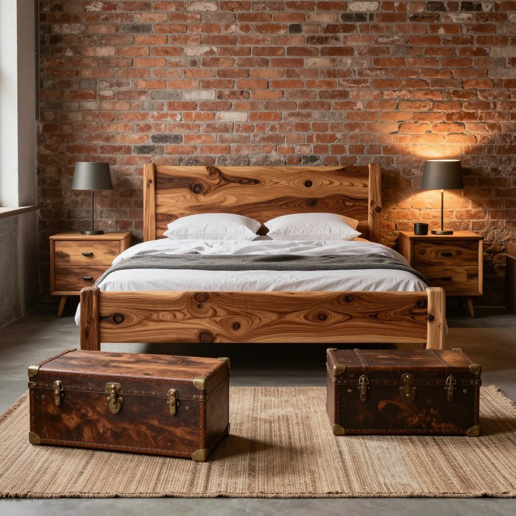 Reclaimed wood furniture beautifully arranged in an industrial style bedroom with exposed brick walls. The foreground features a rustic reclaimed wood bed frame, showcasing rich, warm tones, and intricate grain patterns. Flanking the bed are matching nightstands made from distressed wood, adorned with minimalist metal lamps. In the middle, a cozy area rug brings texture and warmth, while a vintage trunk serves as a coffee table. The background highlights the raw beauty of exposed brick, with soft ambient lighting creating a welcoming glow. Natural light filters through a nearby window, enhancing the warm atmosphere. The scene captures an inviting and harmonious blend of industrial and rustic aesthetics, ideal for a serene retreat.