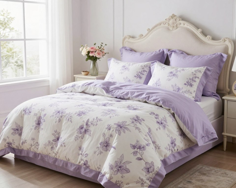 Romantic vintage floral duvet in lavender tones
