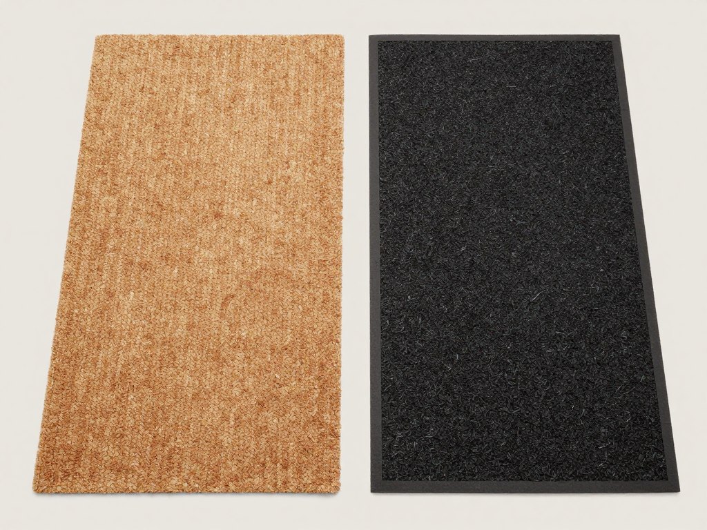 Side by side comparison of coir and rubber doormats