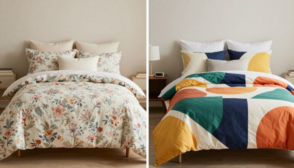 Side-by-side comparison of vintage floral and modern print bedding