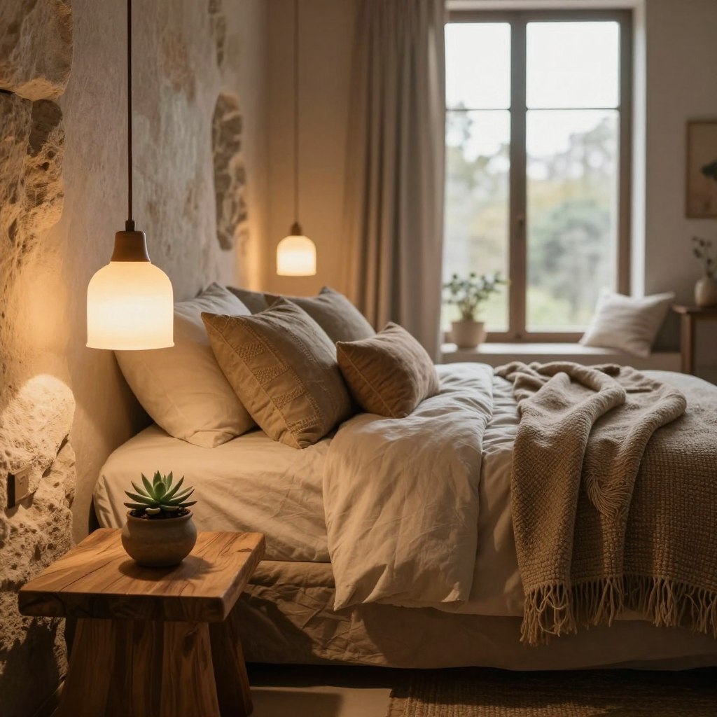 Soft, organic textures of natural materials create a serene ambiance in a luxurious bedroom retreat. In the foreground, gently glowing pendant lights cast a warm, golden hue onto a textured wooden bedside table, adorned with a small succulent plant in an earthen pot. The middle ground features plush bedding in muted earth tones, layered with textured blankets and woven cushions that invite relaxation. In the background, large windows allow soft, diffused daylight to filter in, enhancing the earthy palette and illuminating the organic textures of stone wall features. The overall atmosphere is tranquil and calming, evoking a sense of peaceful luxury, ideal for unwinding. Use a wide-angle lens to capture depth, focusing on the interplay of natural light and shadows that highlight the inviting textures and soft forms.
