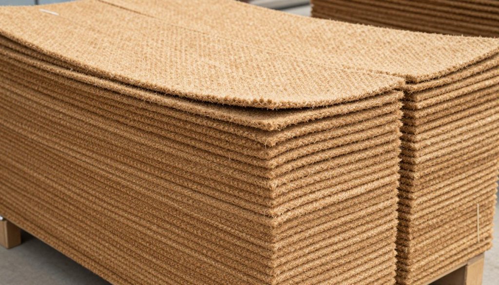 Stack of multiple coir doormats ready for bulk commercial delivery