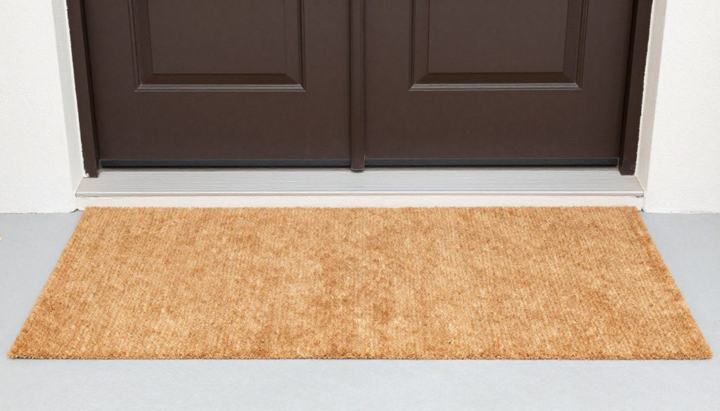 Two coir doormats positioned at double door entry