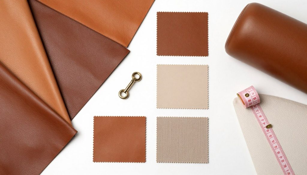 Various leather samples and headboard materials displayed