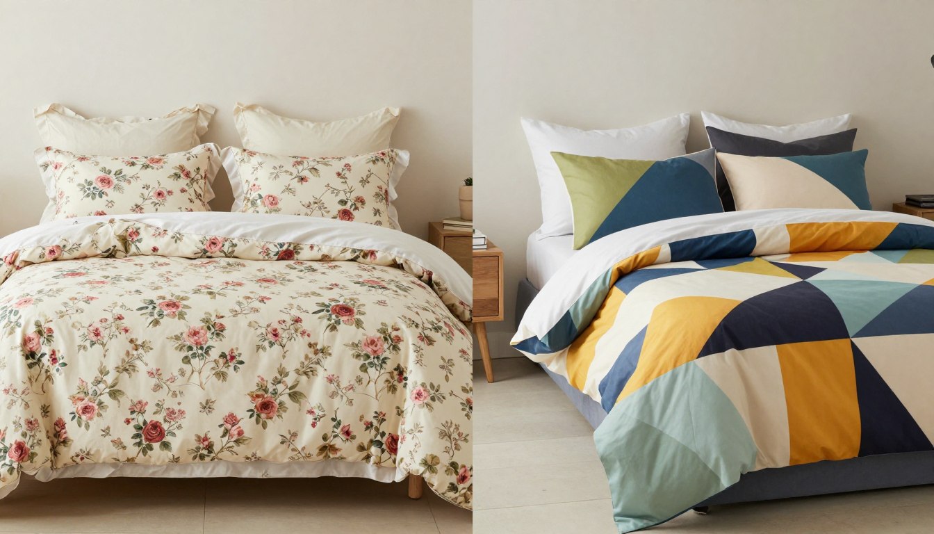 Vintage Floral Bedding vs Modern Prints comparison showing both bedding styles