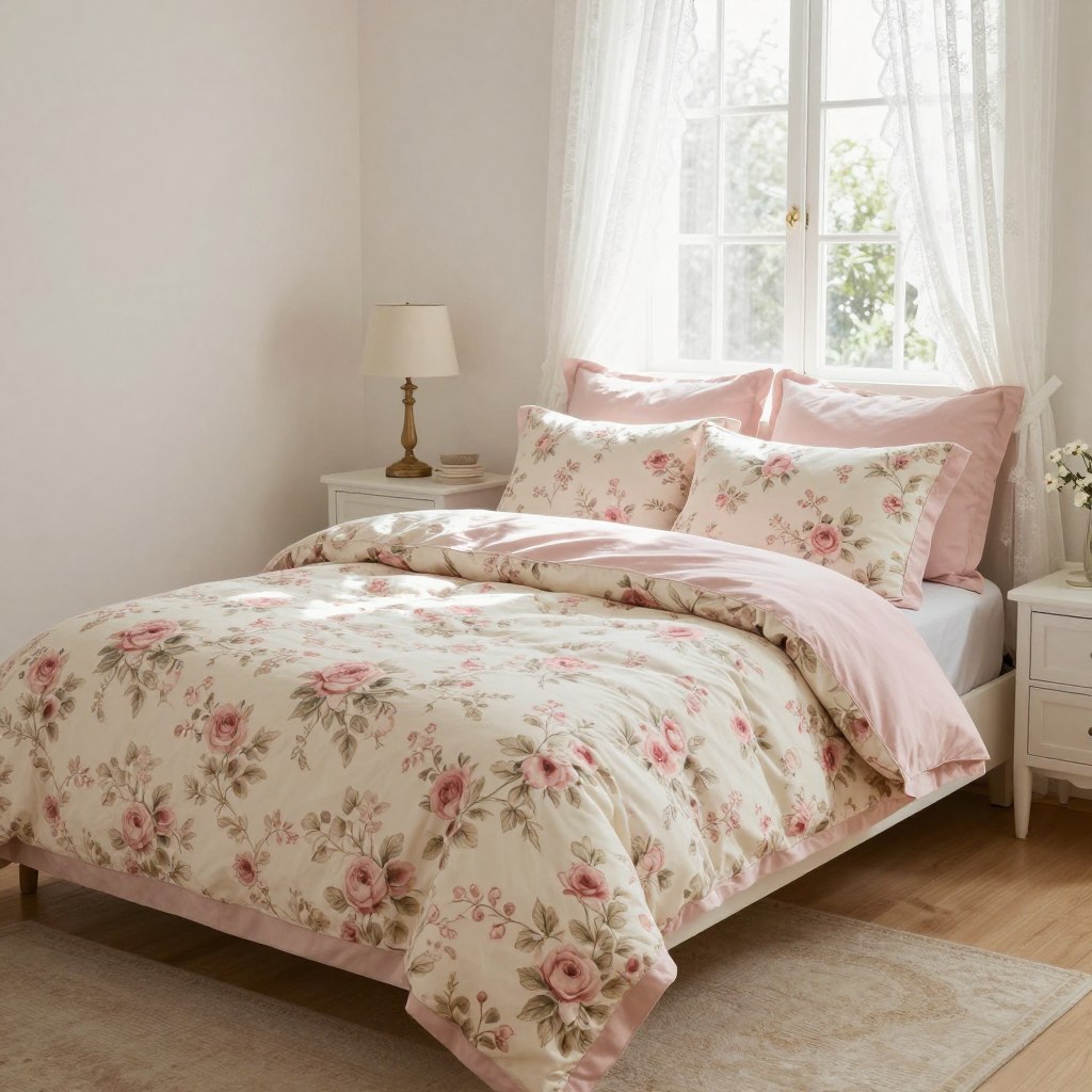 Vintage rose pattern duvet cover set in cottage style bedroom