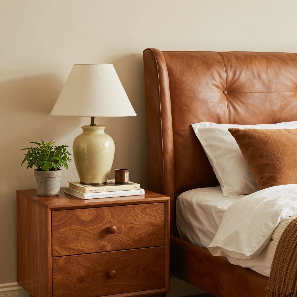 Wingback headboard with vintage nightstand and decor