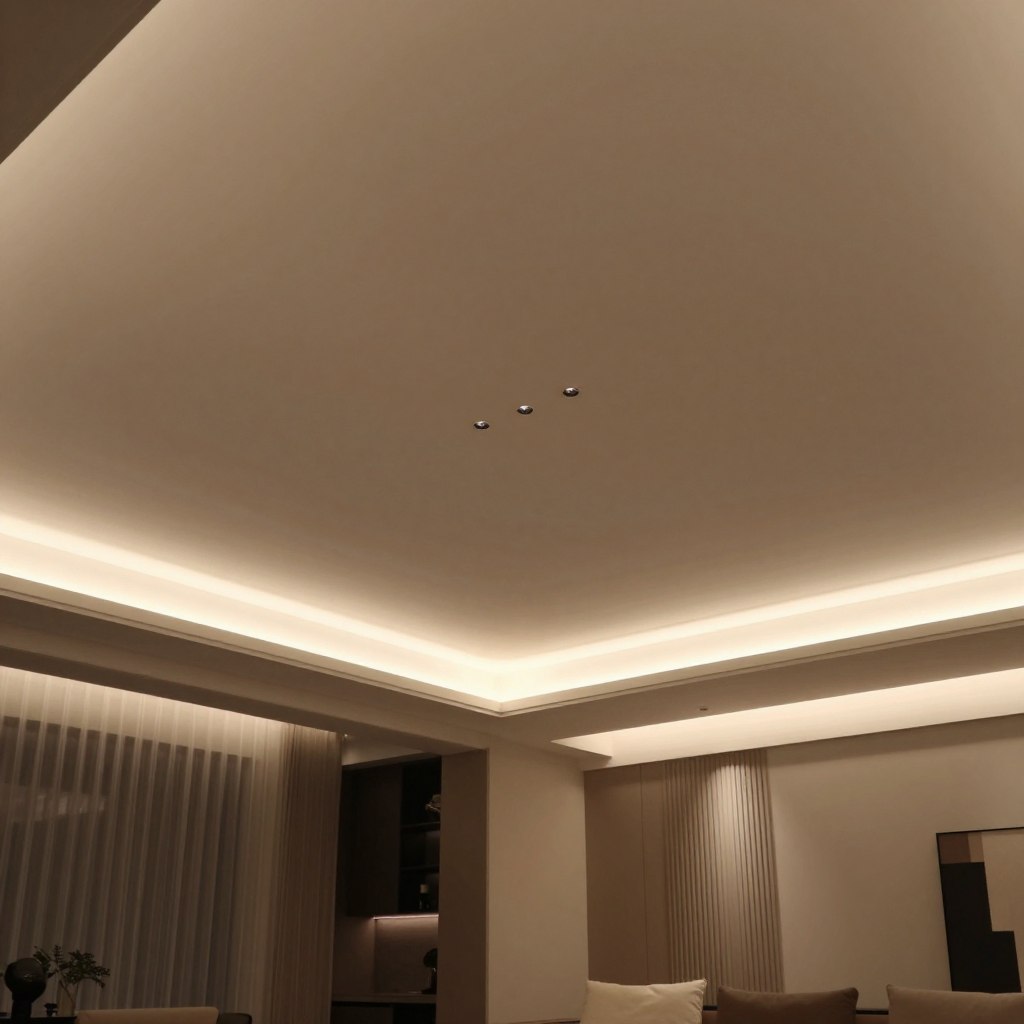 a modern interior with a beautifully designed ceiling featuring hidden LED lighting, softly illuminating the space with a warm glow. The foreground showcases sleek ceiling lines and subtle recesses that highlight the architectural elegance. In the middle, the indirect light casts soft shadows, creating a calming atmosphere, while the background reveals minimalist décor, including contemporary furniture and artistic wall panels. The perspective captures the room from an inviting angle, emphasizing the ceiling design as the focal point. Use soft, diffused lighting to enhance the ambience, mimicking the feel of a tranquil evening. The overall mood should be sophisticated and serene, showcasing how hidden LED lights can transform modern homes into relaxing sanctuaries.