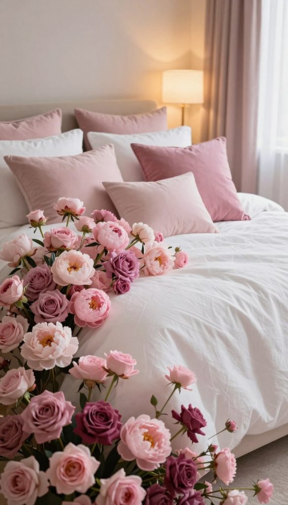 a serene bedroom setting showcasing a stunning array of tonal pink florals. In the foreground, soft pink and blush flowers like peonies and roses gradually blend into deeper shades of mauve and fuchsia, arranged artistically across a white cotton bedding with subtle texture. The middle layer features plush pillows in various hues of pink, harmonizing with the floral theme. The background reveals a softly lit room with warm golden light filtering through sheer curtains, creating an inviting atmosphere. The overall mood is tranquil and elegant, designed to evoke a sense of comfort and sophistication ideal for a modern bedroom. The image should be styled in a slightly elevated angle, allowing for a comprehensive view of this monochromatic floral haven.