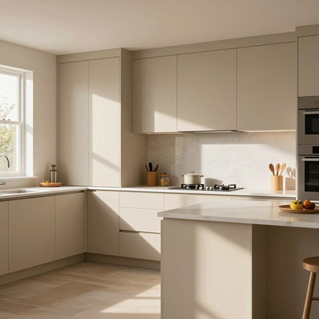 Accessible Beige kitchen cabinets in various lighting conditions