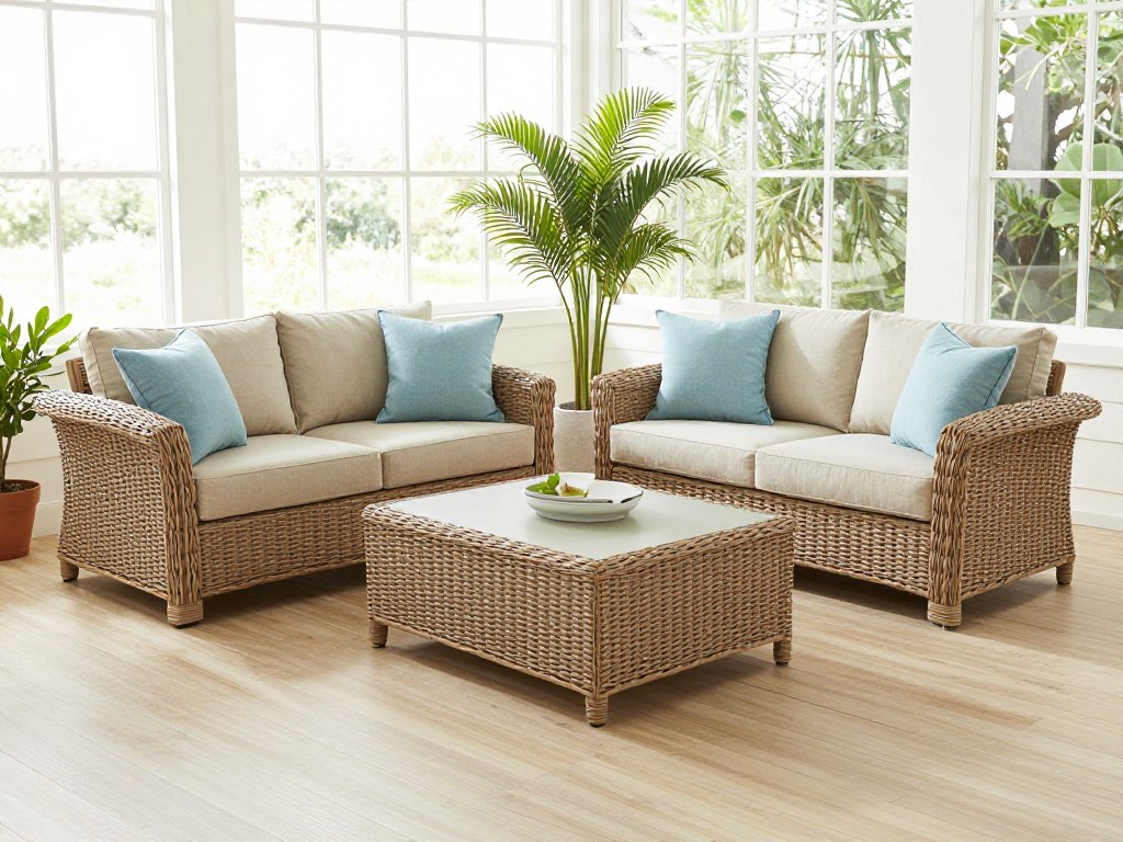 All-weather wicker conversation set with coffee table in sunroom setting, NO PEOPLE, NO HUMANS, NO HANDS