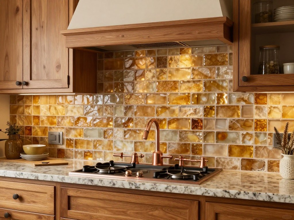 Amber colored sea glass tiles in kitchen backsplash creating warm coastal feel